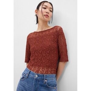 Gap Womens XS Copper Beech Brown Floral Lace Scoop Back Elbow Sleeve Top